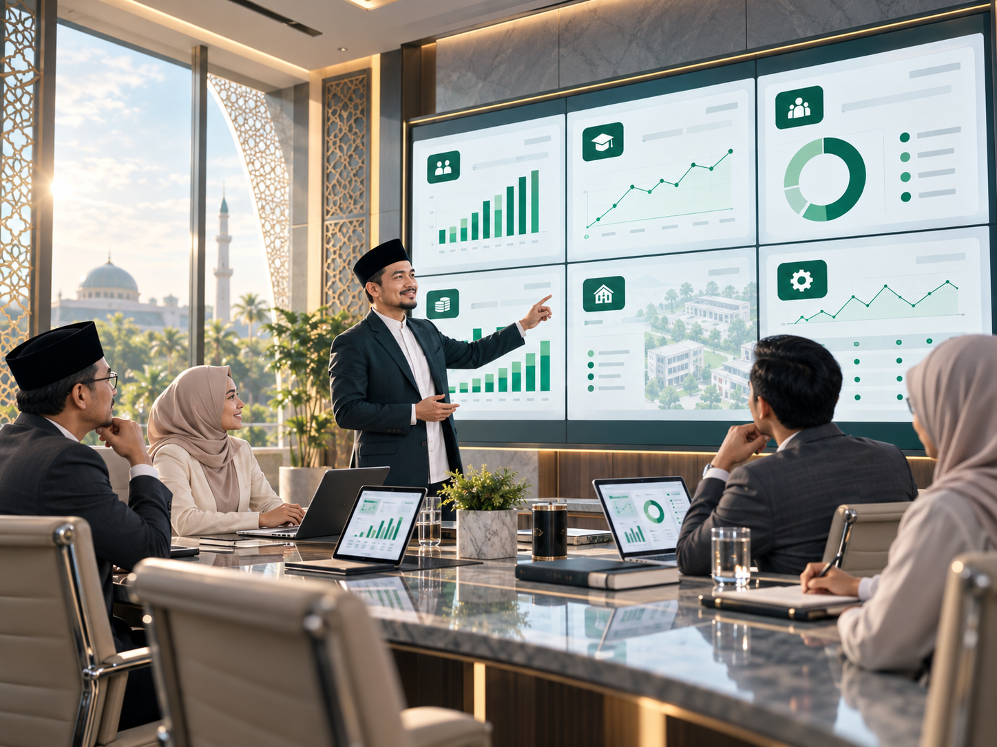 Pimpinan institusi sedang memantau dashboard analitik dan laporan konsolidasi Tibyana.