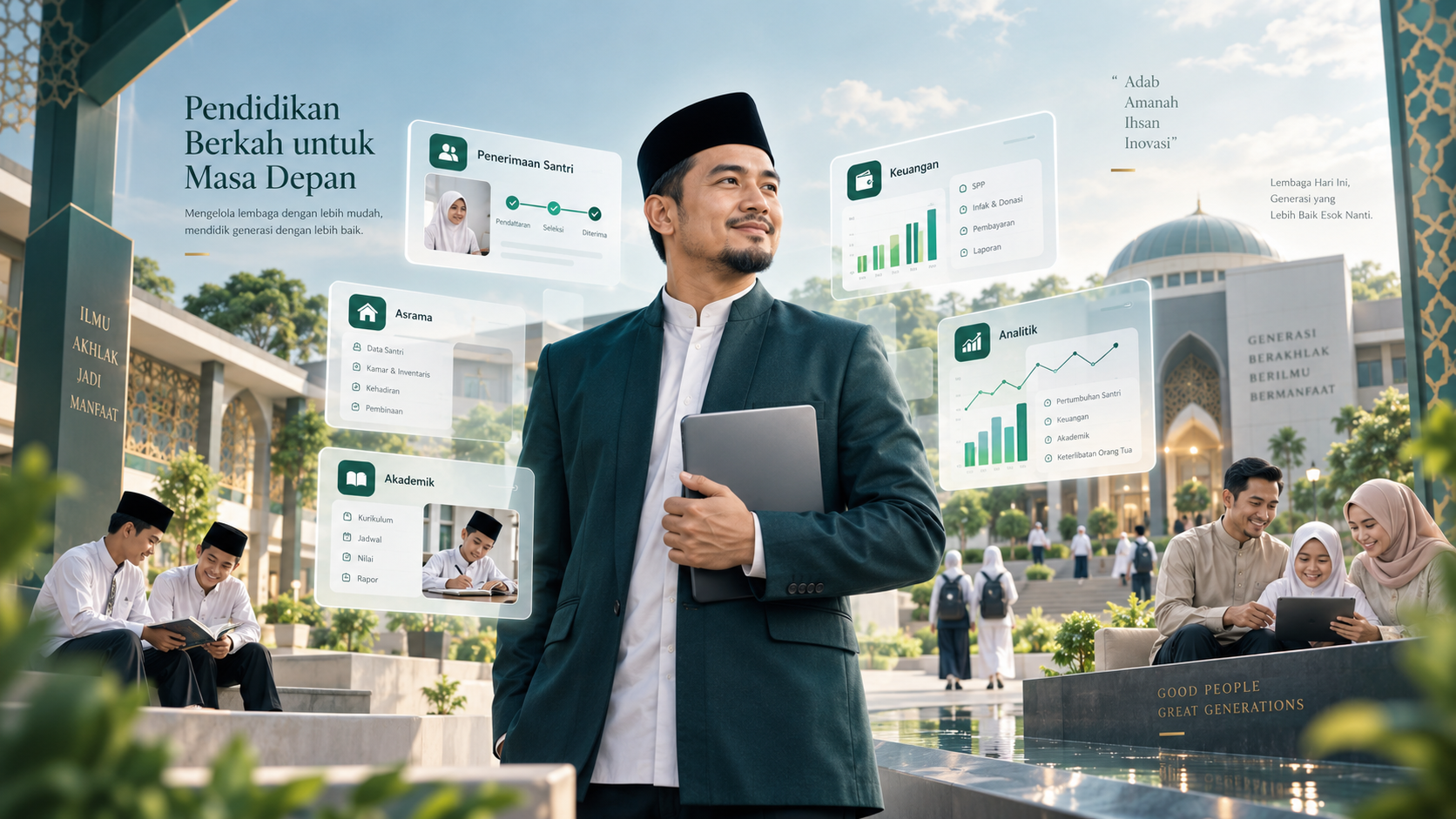 Visual Tibyana menampilkan ekosistem pendidikan Islam modern dengan dashboard digital, kampus, santri, dan keluarga.