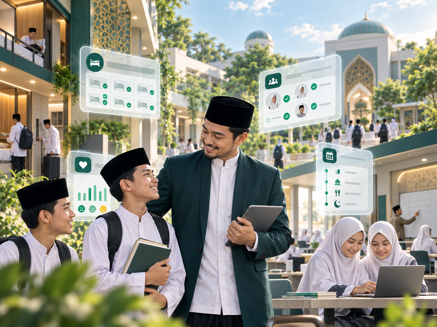 Mentor dan santri di kampus boarding modern dengan overlay dashboard operasional.