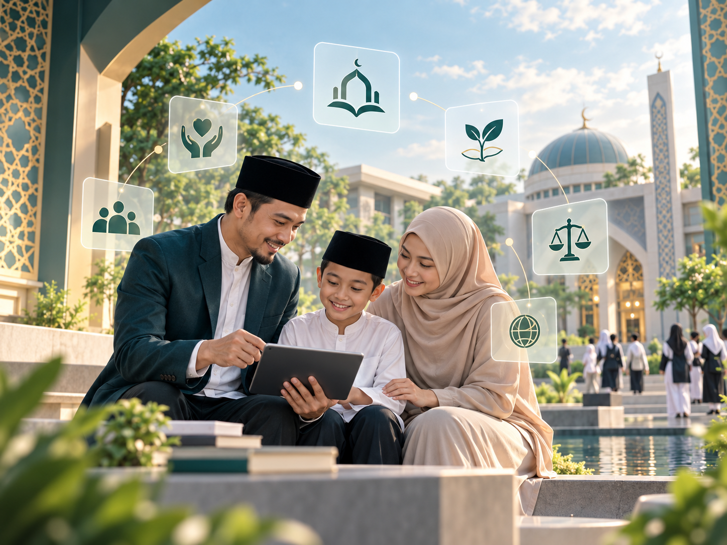 Orang tua dan anak menggunakan tablet bersama di lingkungan kampus Islam modern.